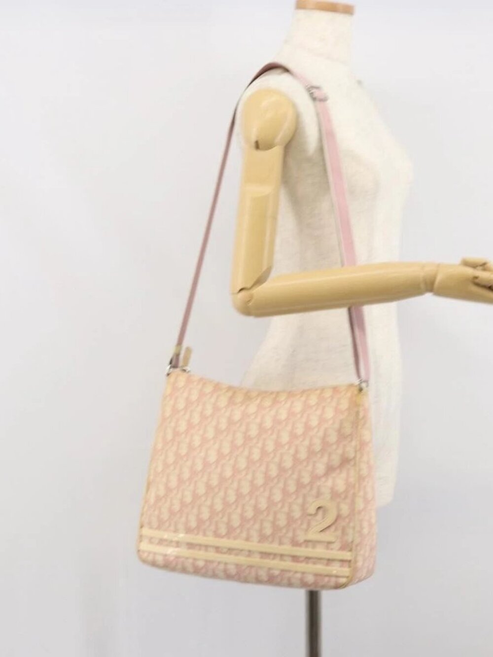 Christian Dior Trotter Canvas Shoulder Bag PVC Pink Silver Auth 165231